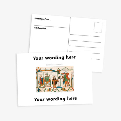 A6-sized personalised postcard featuring a central panel depicting a scene from the Bayeux Tapestry, bordered by white bands above and below with customisable black text; reverse side includes space for a handwritten message and recipient address—ideal for engaging pupils in history-themed activities.
