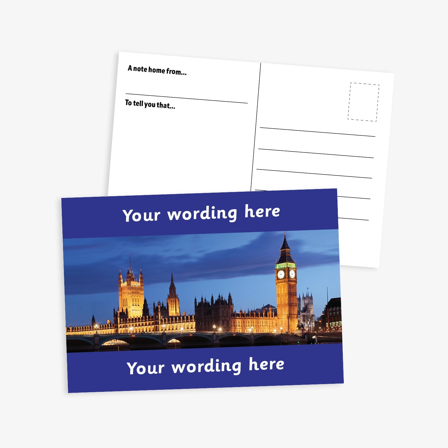 An A6-sized personalised graduation postcard featuring an evening scene of the Houses of Parliament.  Dark blue borders to the top and bottom of postcard have space for personalisation. 

