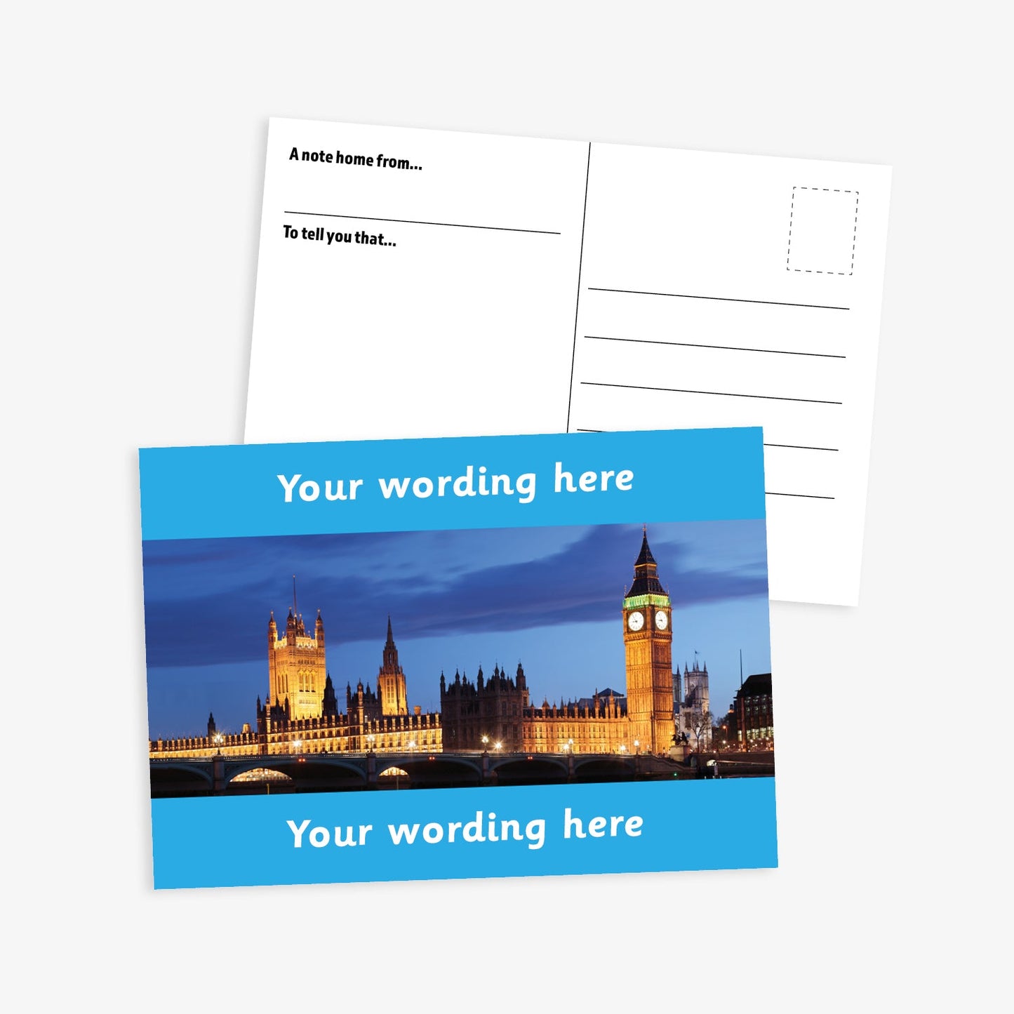 An A6-sized personalised graduation postcard featuring an evening scene of the Houses of Parliament.  Cyan borders to the top and bottom of postcard have space for personalisation. 
