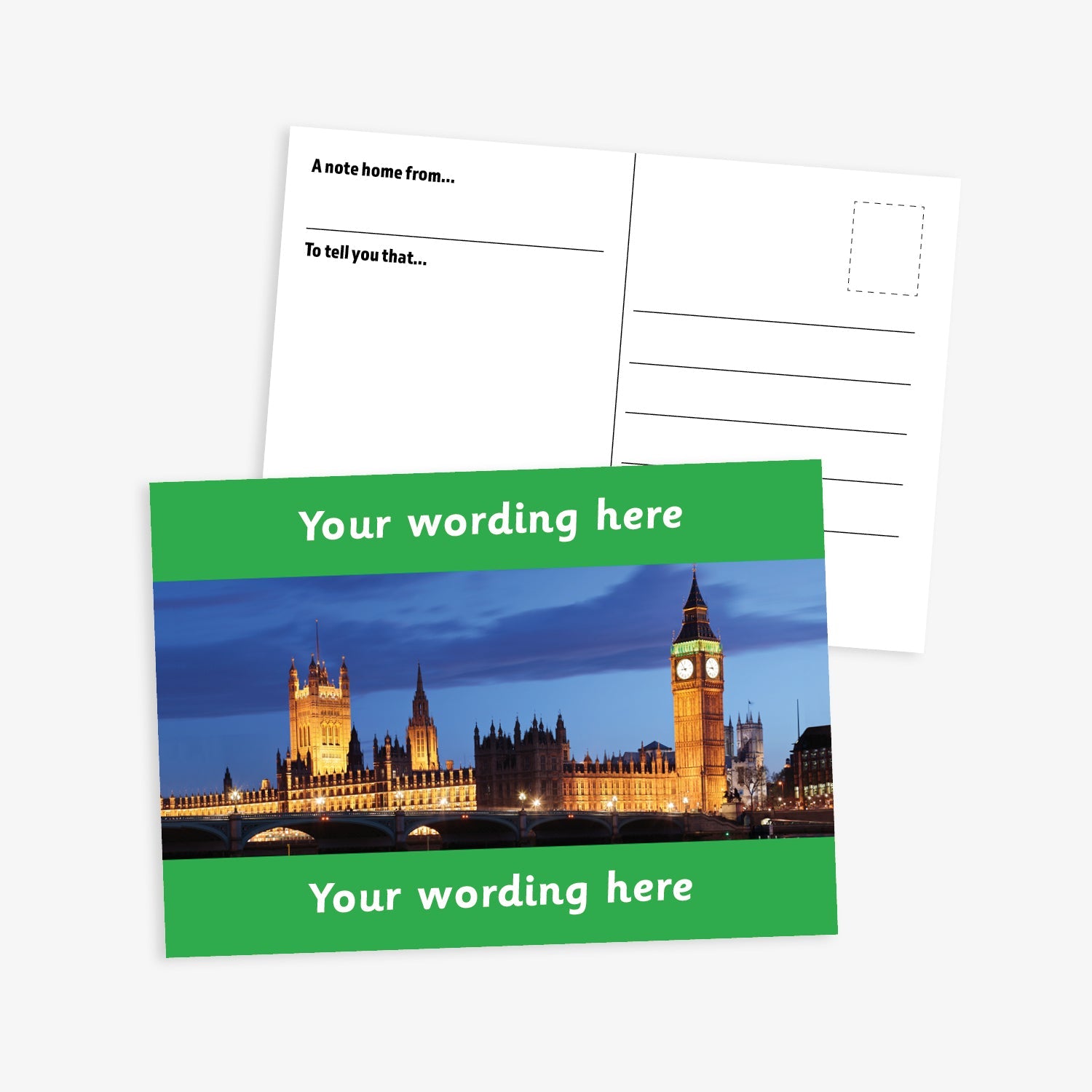 An A6-sized personalised graduation postcard featuring an evening scene of the Houses of Parliament.  Green borders to the top and bottom of postcard have space for personalisation. 
