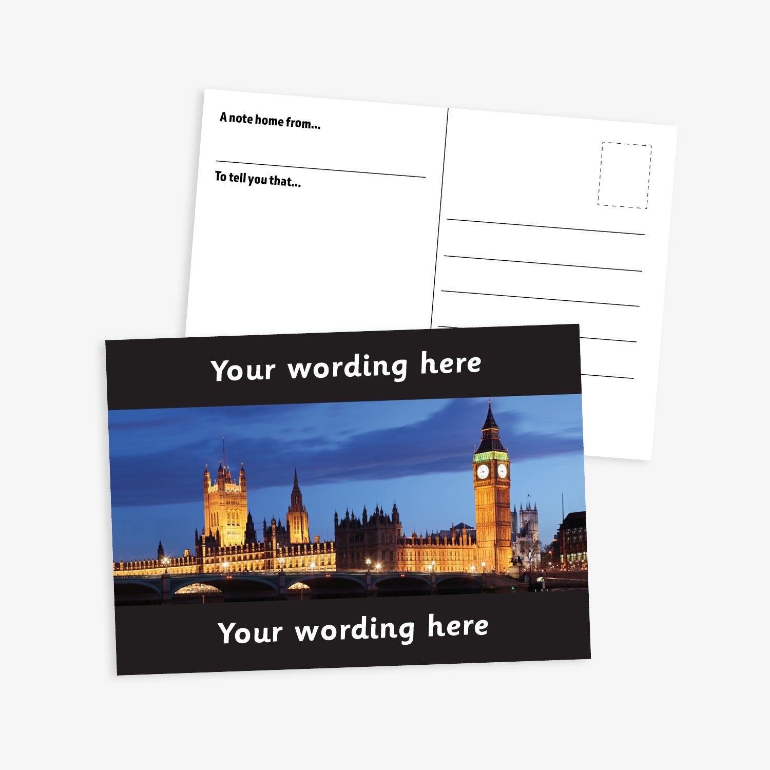 An A6-sized personalised graduation postcard featuring an evening scene of the Houses of Parliament.  Black borders to the top and bottom of postcard have space for personalisation. 

