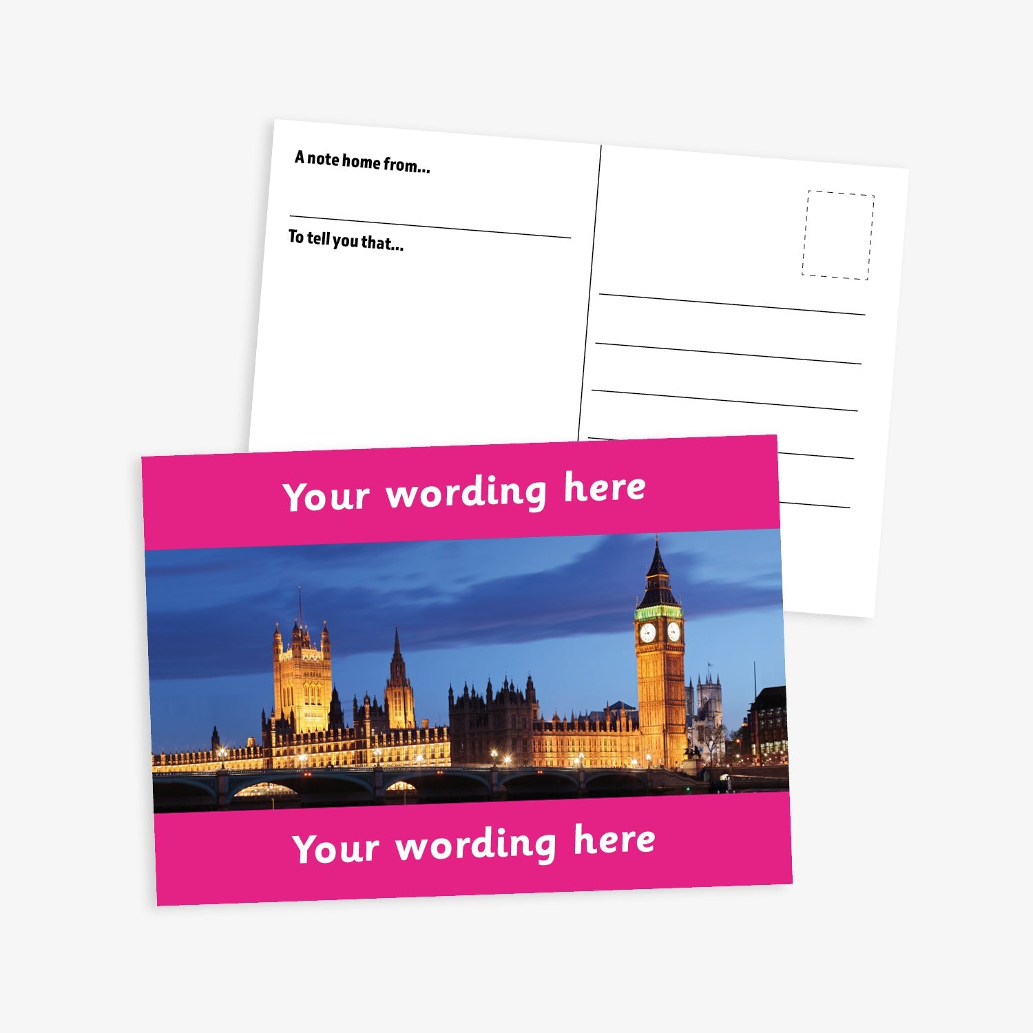 An A6-sized personalised graduation postcard featuring an evening scene of the Houses of Parliament.  Magenta borders to the top and bottom of postcard have space for personalisation. 
