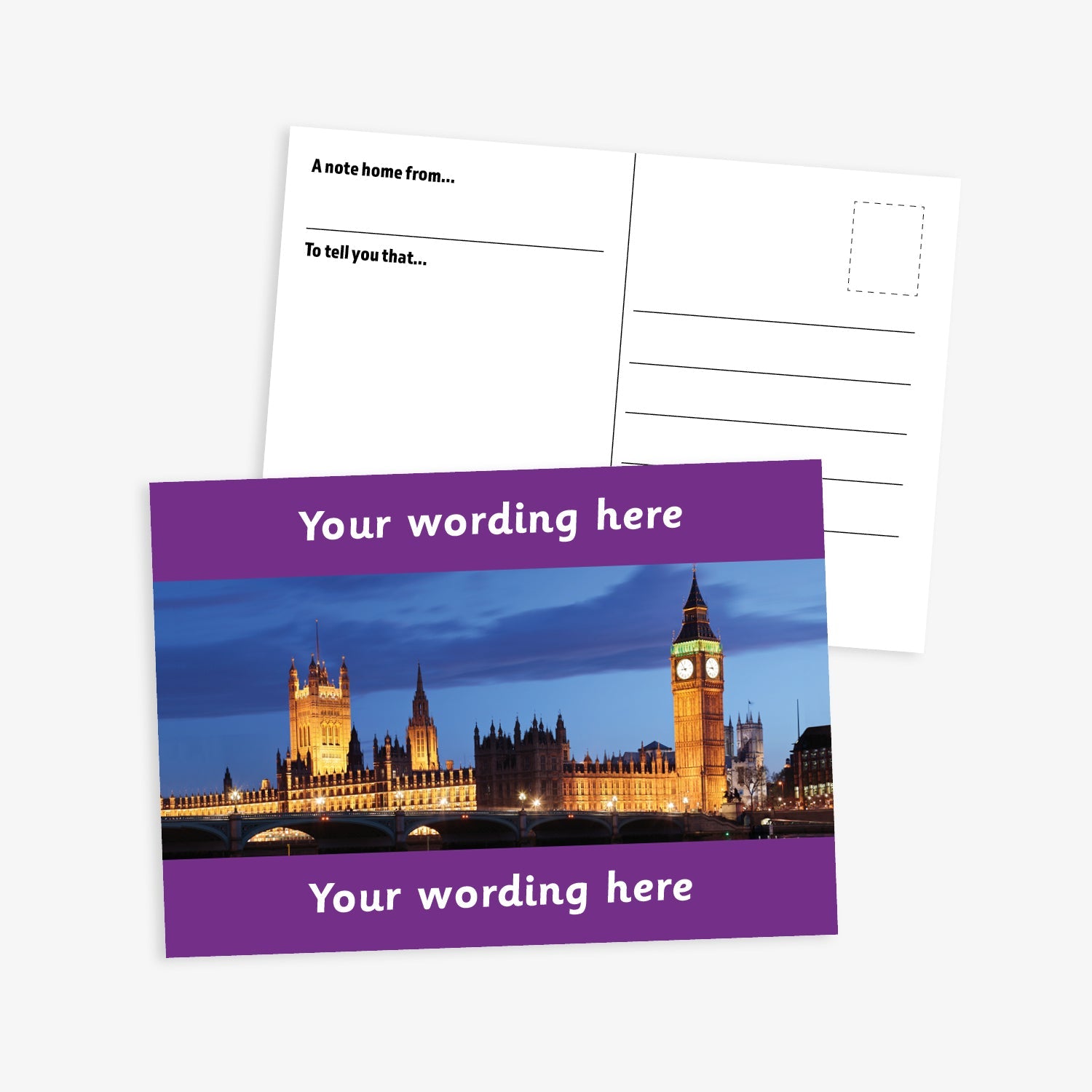 An A6-sized personalised graduation postcard featuring an evening scene of the Houses of Parliament.  Purple borders to the top and bottom of postcard have space for personalisation. 
