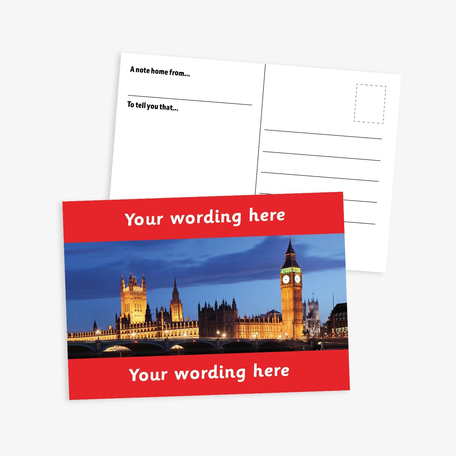 An A6-sized personalised graduation postcard featuring an evening scene of the Houses of Parliament.  Red borders to the top and bottom of postcard have space for personalisation. 
