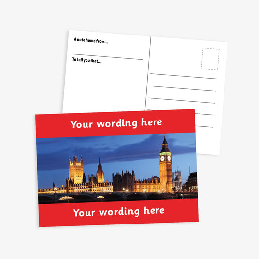 An A6-sized personalised graduation postcard featuring an evening scene of the Houses of Parliament.  Red borders to the top and bottom of postcard have space for personalisation. 
