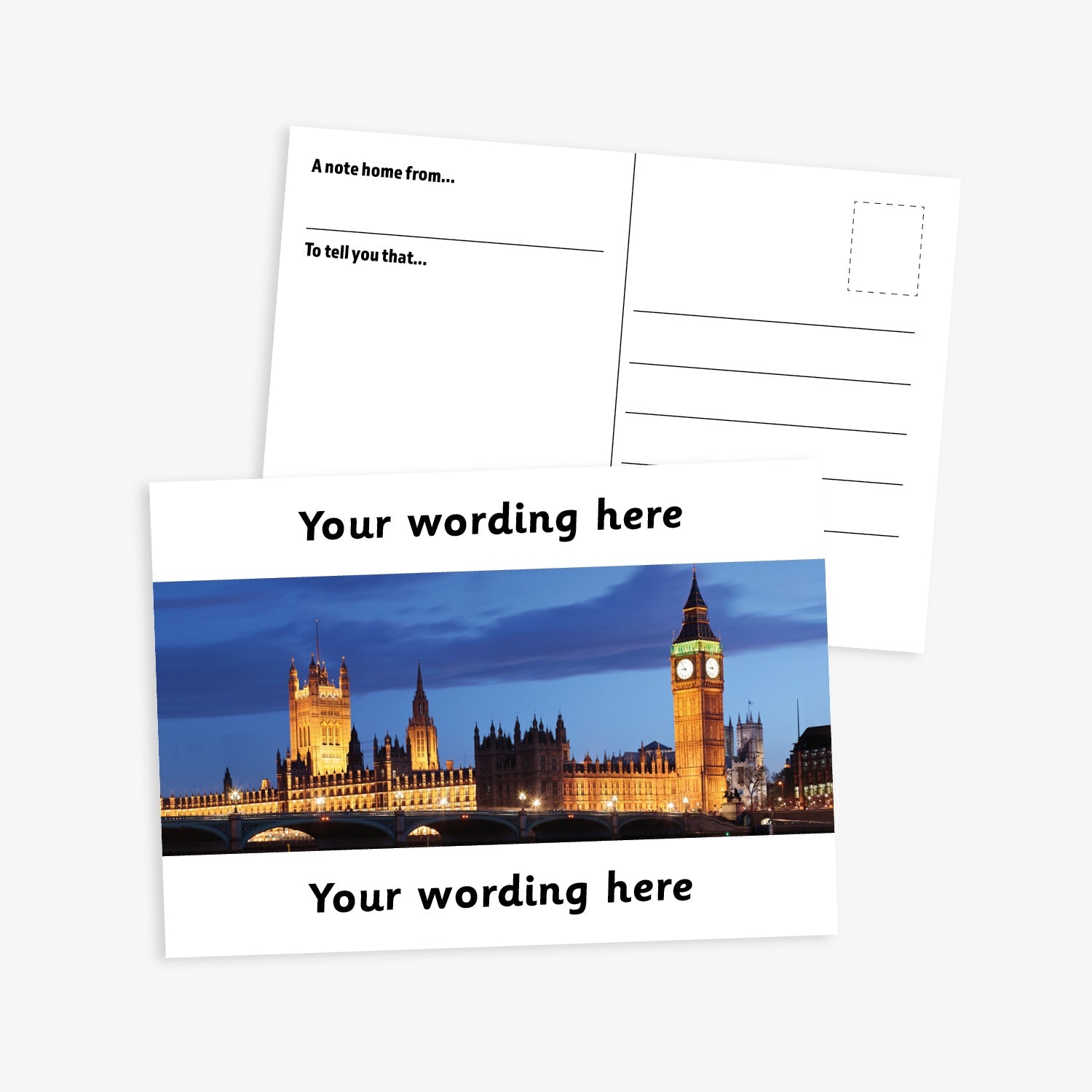 An A6-sized personalised graduation postcard featuring an evening scene of the Houses of Parliament.  White borders to the top and bottom of postcard have space for personalisation. 
