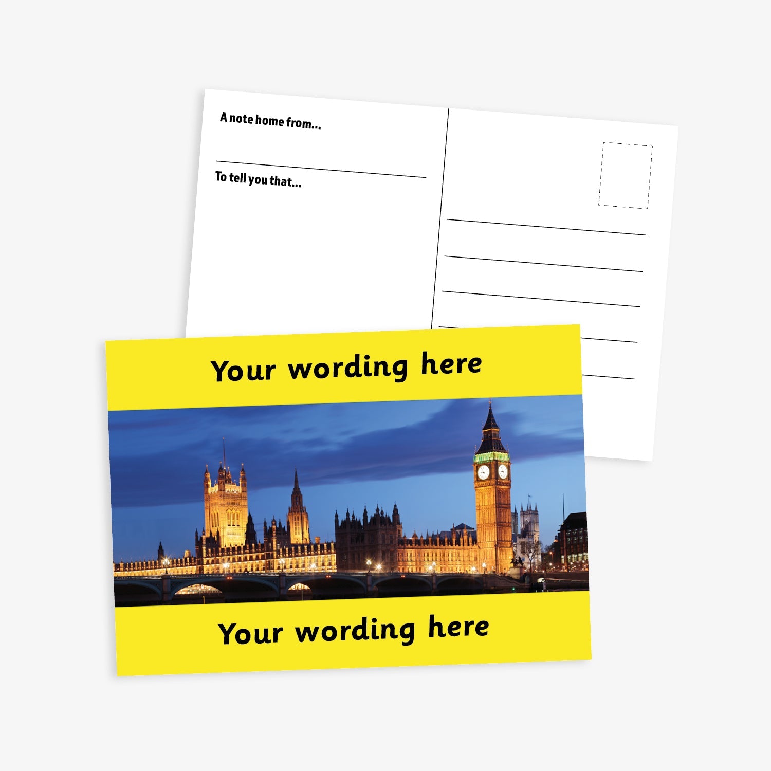 An A6-sized personalised graduation postcard featuring an evening scene of the Houses of Parliament.  Yellow borders to the top and bottom of postcard have space for personalisation. 
