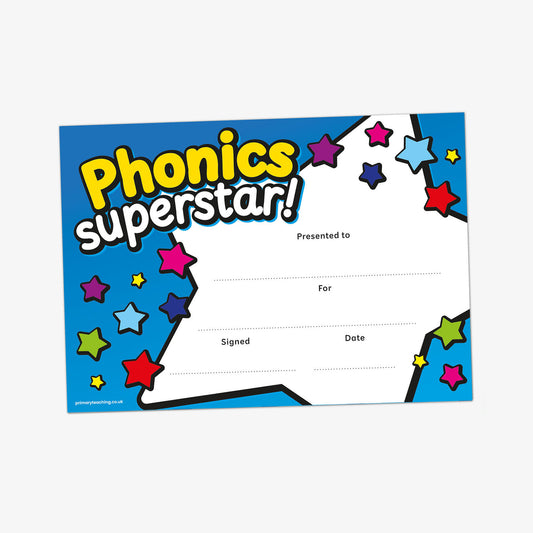 Colourful 'Phonics Superstar' certificate with star design on a blue background.