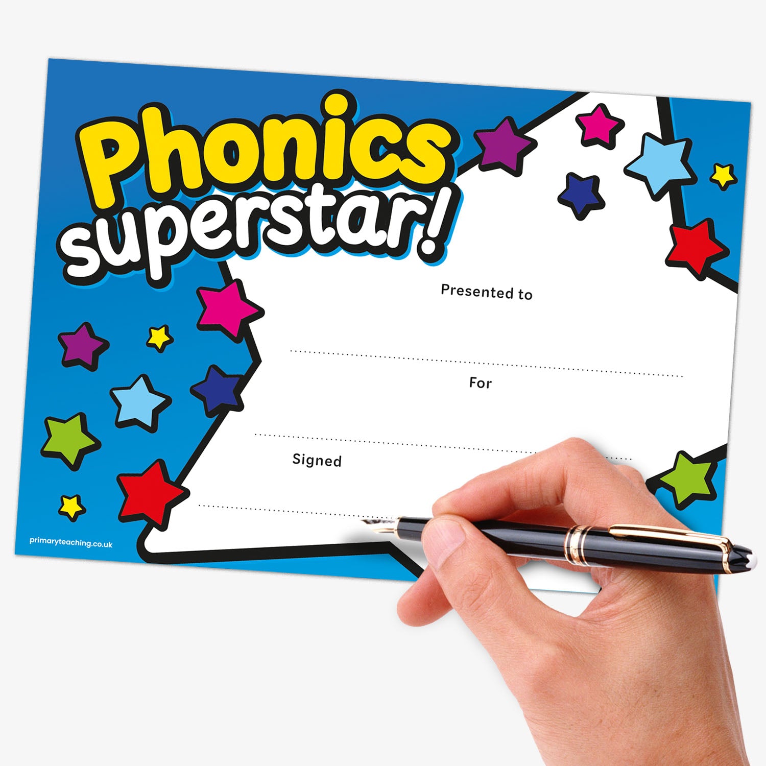 Colourful 'Phonics Superstar' certificate with star design on a blue background. Hand with pen.