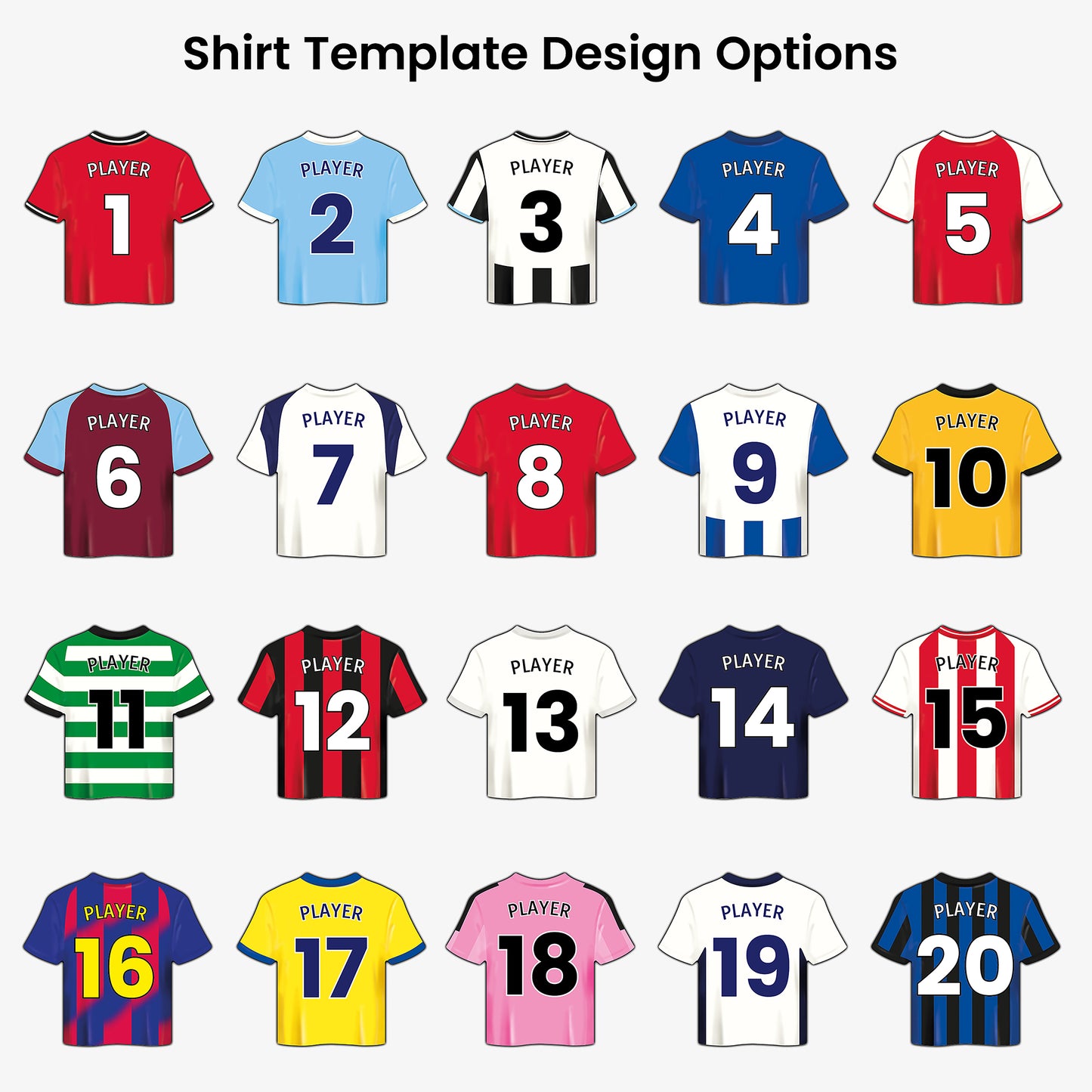 Shirt template design options. Collection of shirt templates with player numbers on a white background.