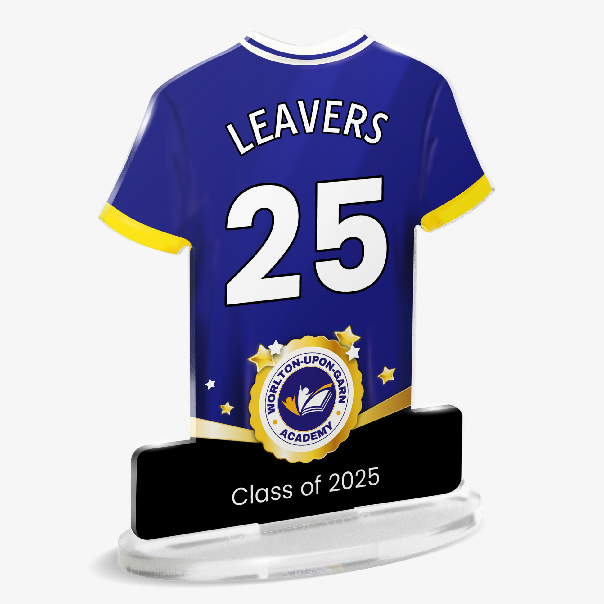 Acrylic plaque with blue sports shirt with 'Leavers' and number '25' with school logo and 'Class of 2025' written below. Plaque is shown on a white background.