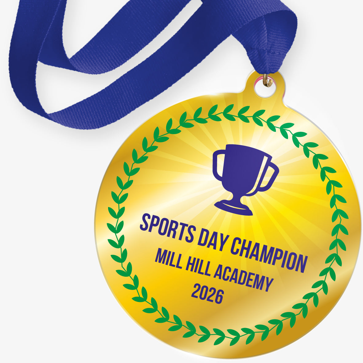 Acrylic personalised medal with blue ribbon showing image bank trophy and personalised wording.