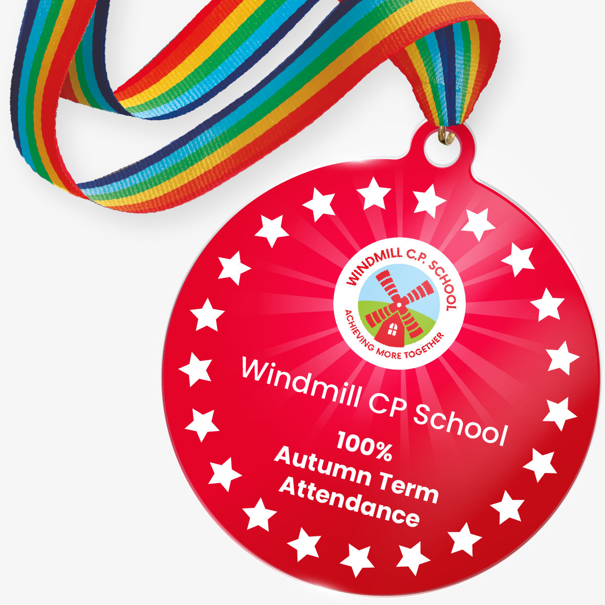 Red acrylic personalised medal with rainbow ribbon showing school logo and personalised wording.