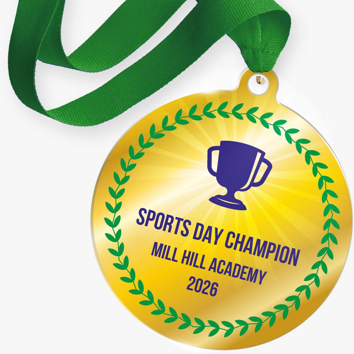 Gold medal with green ribbon, featuring 'Sports Day Champion' text and laurel wreath on a white background.