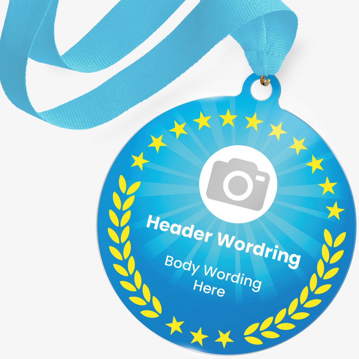 Blue medal with yellow stars and customizable text on a white background