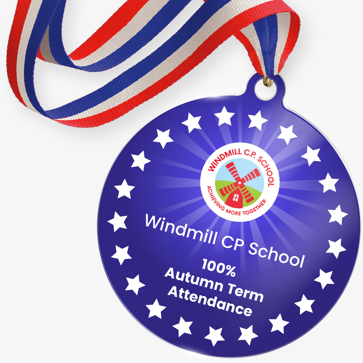 Blue acrylic personalised medal with blue, red and white ribbon showing school logo and personalised wording.