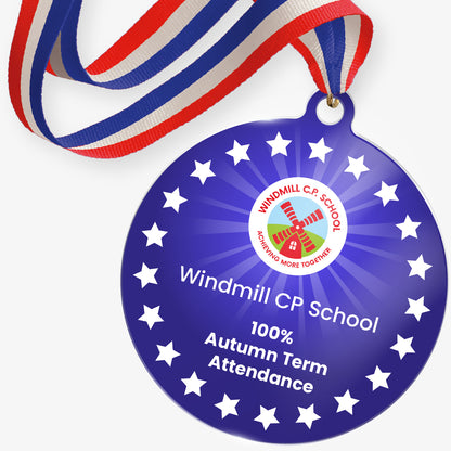 Blue acrylic personalised medal with blue, red and white ribbon showing school logo and personalised wording.