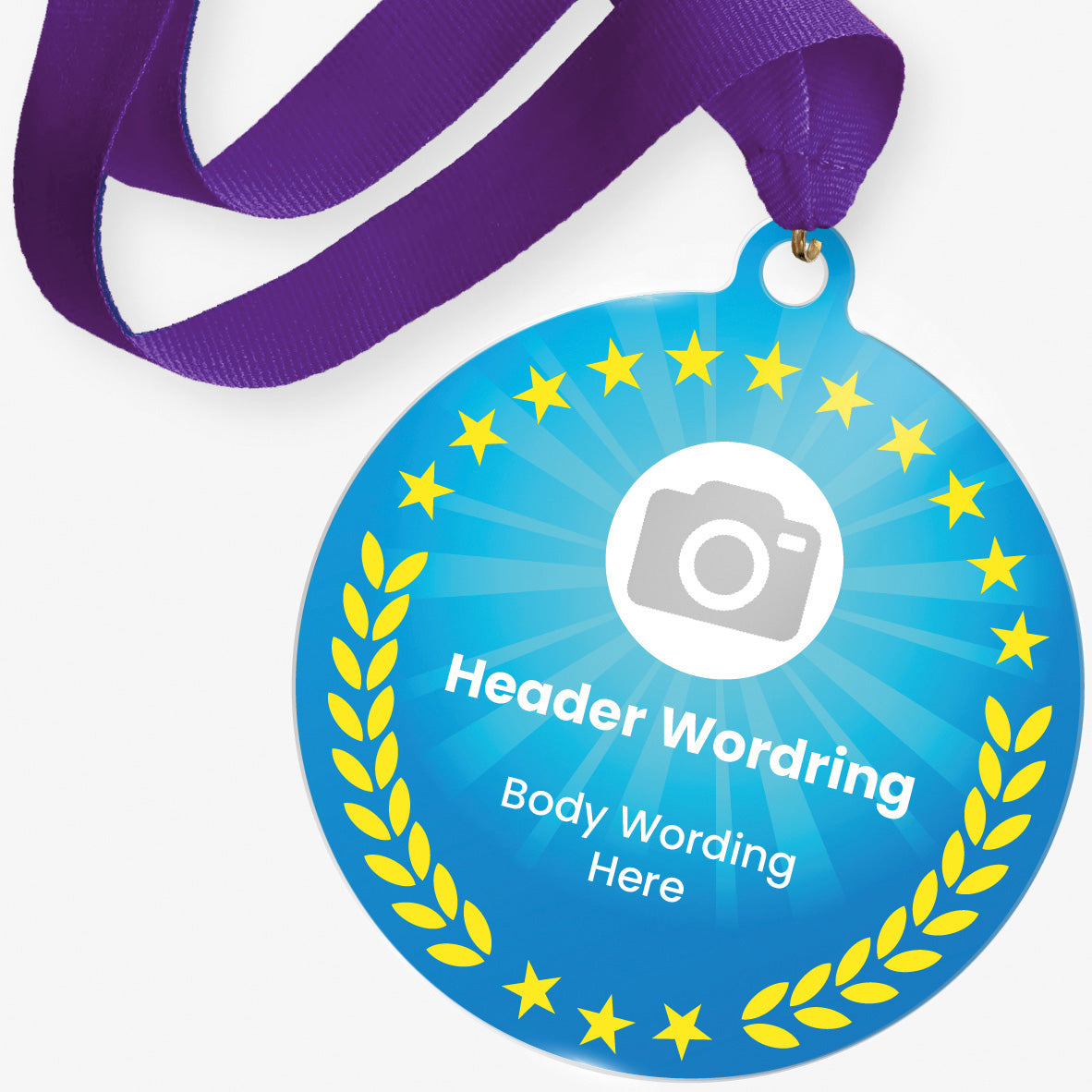 Blue acrylic medal with yellow stars and a purple ribbon on a white background