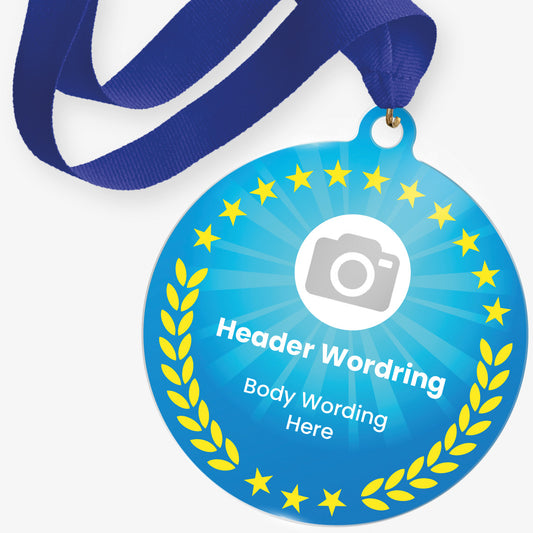 Cyan with yellow wreath and stars acrylic personalised medal with blue ribbon showing camera icon, and personalised wording.