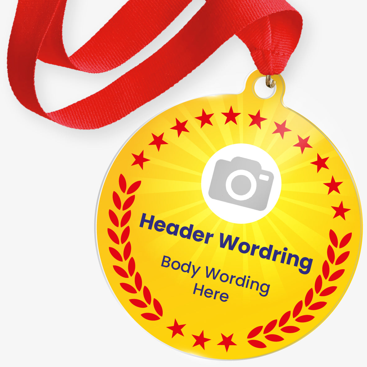 Yellow with red wreath and stars acrylic personalised medal with red ribbon showing camera icon, and personalised wording.