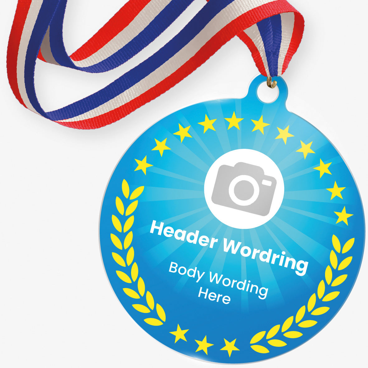 Cyan with yellow wreath and stars acrylic personalised medal with stripy ribbon showing camera icon, and personalised wording.