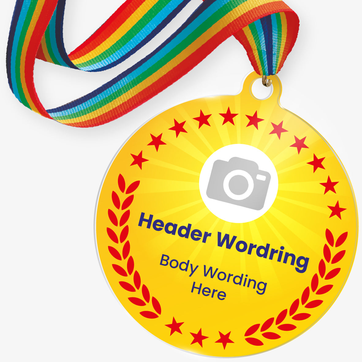 Yellow with red wreath and stars acrylic personalised medal with rainbow ribbon showing camera icon, and personalised wording.