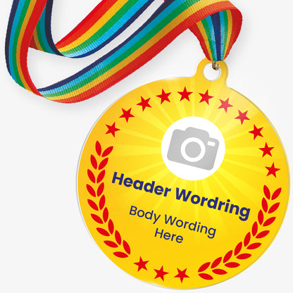Yellow with red wreath and stars acrylic personalised medal with rainbow ribbon showing camera icon, and personalised wording.