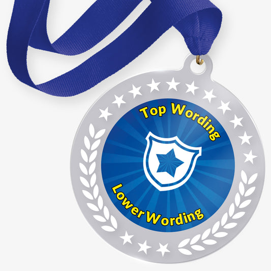 Custom acrylic medal with central star logo. Wreath ans stars design with yellow customisable wording. Blue ribbon.