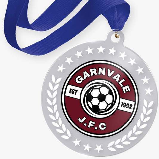 Custom acrylic medal with central logo upload. Blue ribbon.