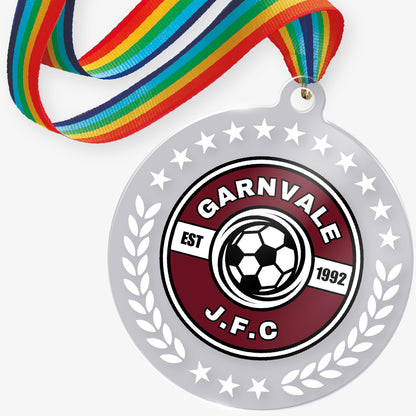 Acrylic Medal with a rainbow ribbon featuring the 'Garnvale J.F.C.' logo on a white background.