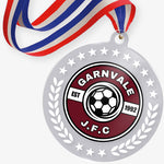 Acrylic medal with a football club logo at it's centre attached to a red, white and blue striped ribbon