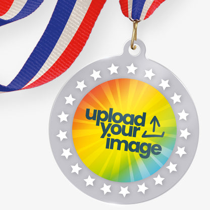 Acrylic personalised medal with stripy ribbon showing rainbow spectrum design and white stars with 'upload your image' wording.