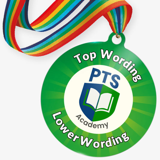 Personalised acrylic medal with central logo upload and choice of wording around the edge. Rainbow ribbon.
