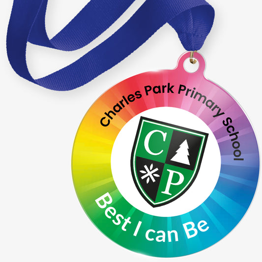Personalised acrylic medal with central logo upload and choice of wording around the edge. Blue ribbon.