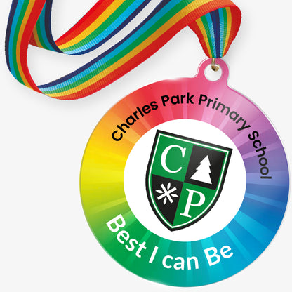 Personalised acrylic medal with central logo upload and choice of wording around the edge. Rainbow ribbon.