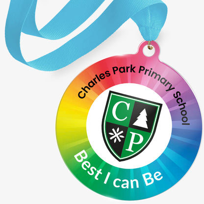 Medal with Charles Park Primary School logo and motivational text on a white background