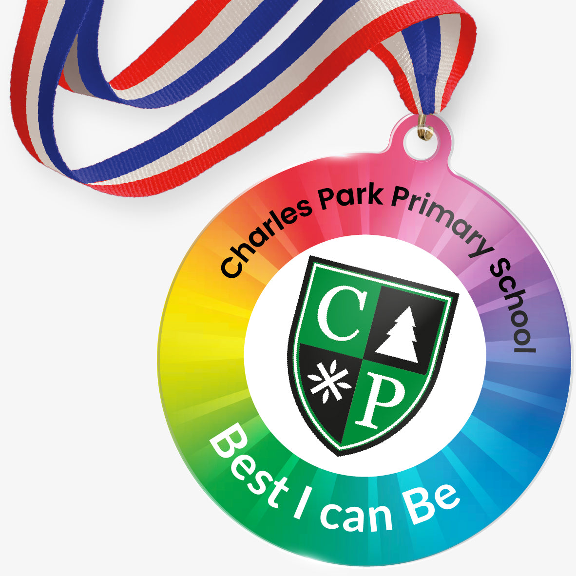 Personalised acrylic medal with central logo upload and choice of wording around the edge. Red, white and blue ribbon.