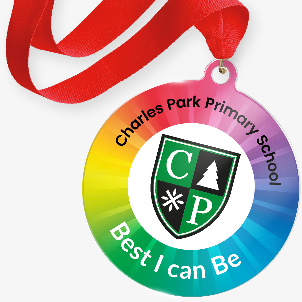 Personalised acrylic medal with central logo upload and choice of wording around the edge. Red ribbon.