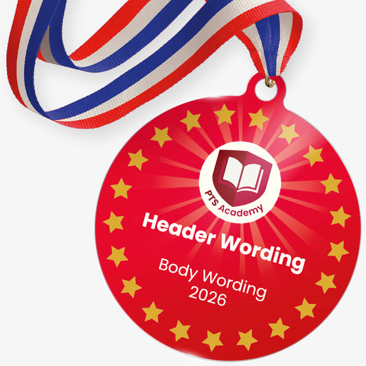 Red with gold stars acrylic personalised medal with stripy ribbon, showing a school icon, and personalised wording.