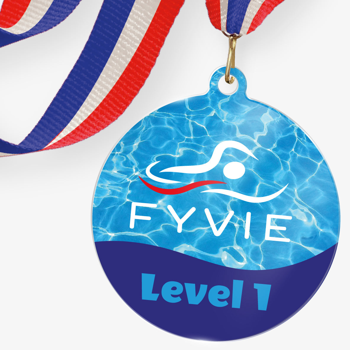 Acrylic personalised medal with stripy ribbon showing water design with 'Fyvie logo' and Level 1 wording.