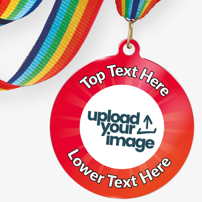 Acrylic personalised medal with rainbow ribbon showing red design with 'upload your image' and 'top text here', 'lower text here' wording.