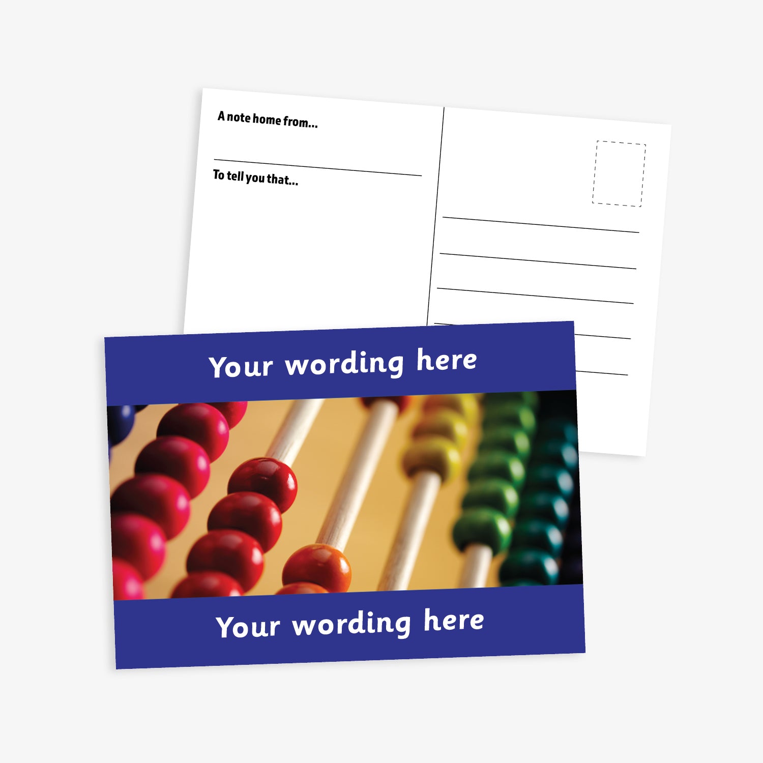 A dark blue A6-sized personalised postcard featuring a close-up image of a traditional wooden abacus. The design includes customisable text areas above and below the image, allowing for personalised messages. The reverse side is formatted with recipient detail and address.  Available in 9 colour options.​
