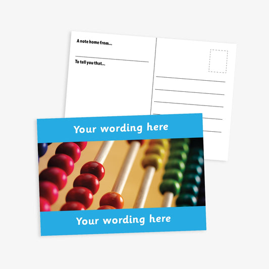 A cyan A6-sized personalised postcard featuring a close-up image of a traditional wooden abacus. The design includes customisable text areas above and below the image, allowing for personalised messages. The reverse side is formatted with recipient detail and address.  Available in 9 colour options.​
