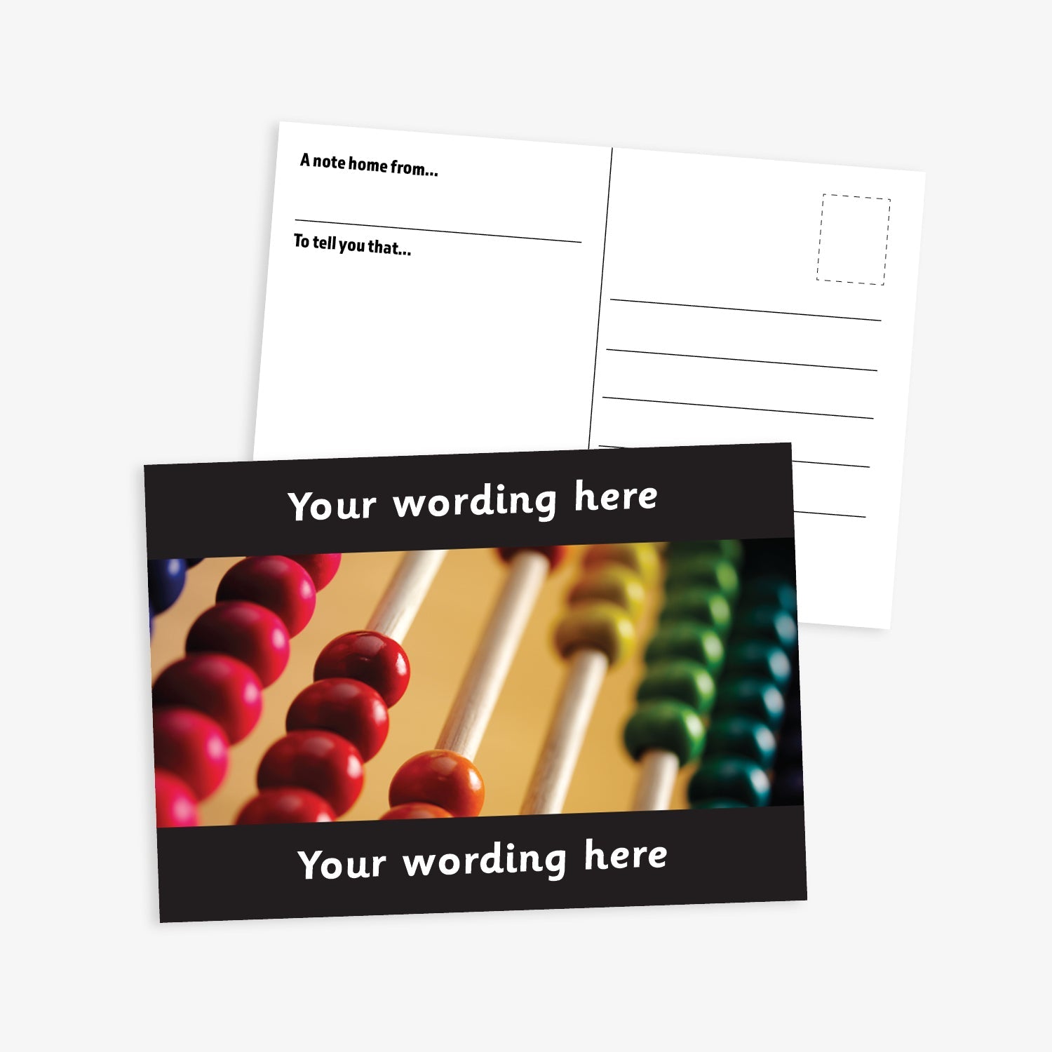 A black A6-sized personalised postcard featuring a close-up image of a traditional wooden abacus. The design includes customisable text areas above and below the image, allowing for personalised messages. The reverse side is formatted with recipient detail and address.  Available in 9 colour options.​
