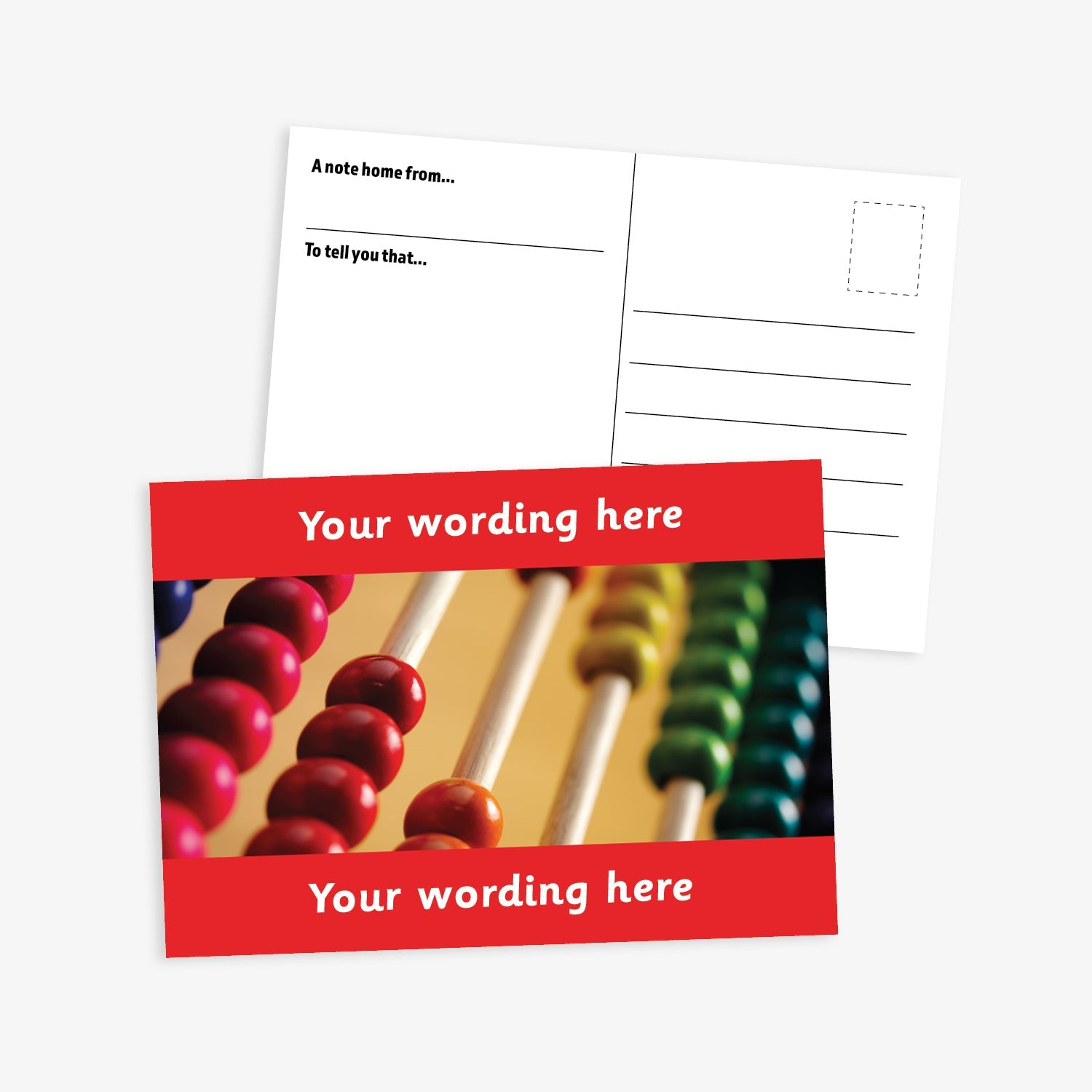 A red A6-sized personalised postcard featuring a close-up image of a traditional wooden abacus. The design includes customisable text areas above and below the image, allowing for personalised messages. The reverse side is formatted with recipient detail and address.  Available in 9 colour options.​
