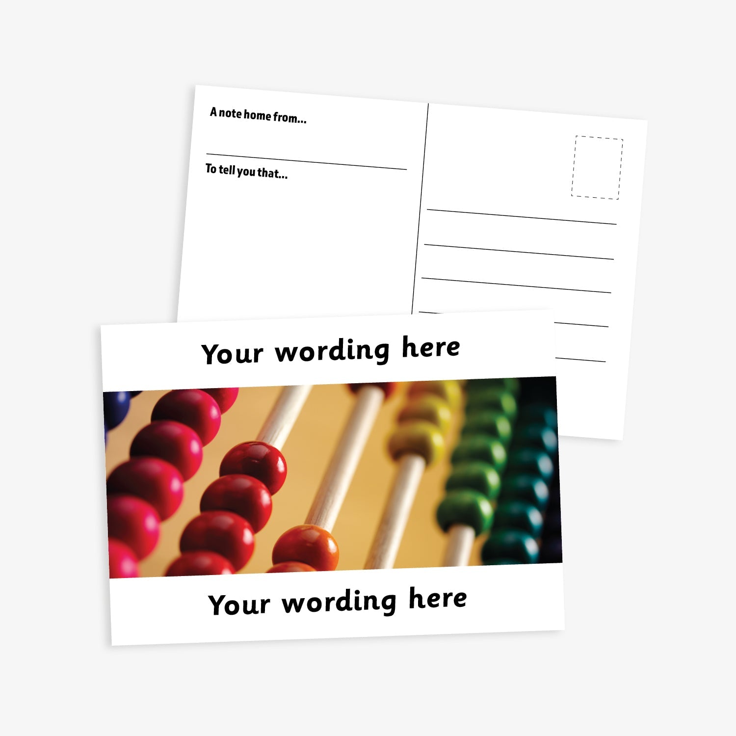 A white A6-sized personalised postcard featuring a close-up image of a traditional wooden abacus. The design includes customisable text areas above and below the image, allowing for personalised messages. The reverse side is formatted with recipient detail and address.  Available in 9 colour options.​

