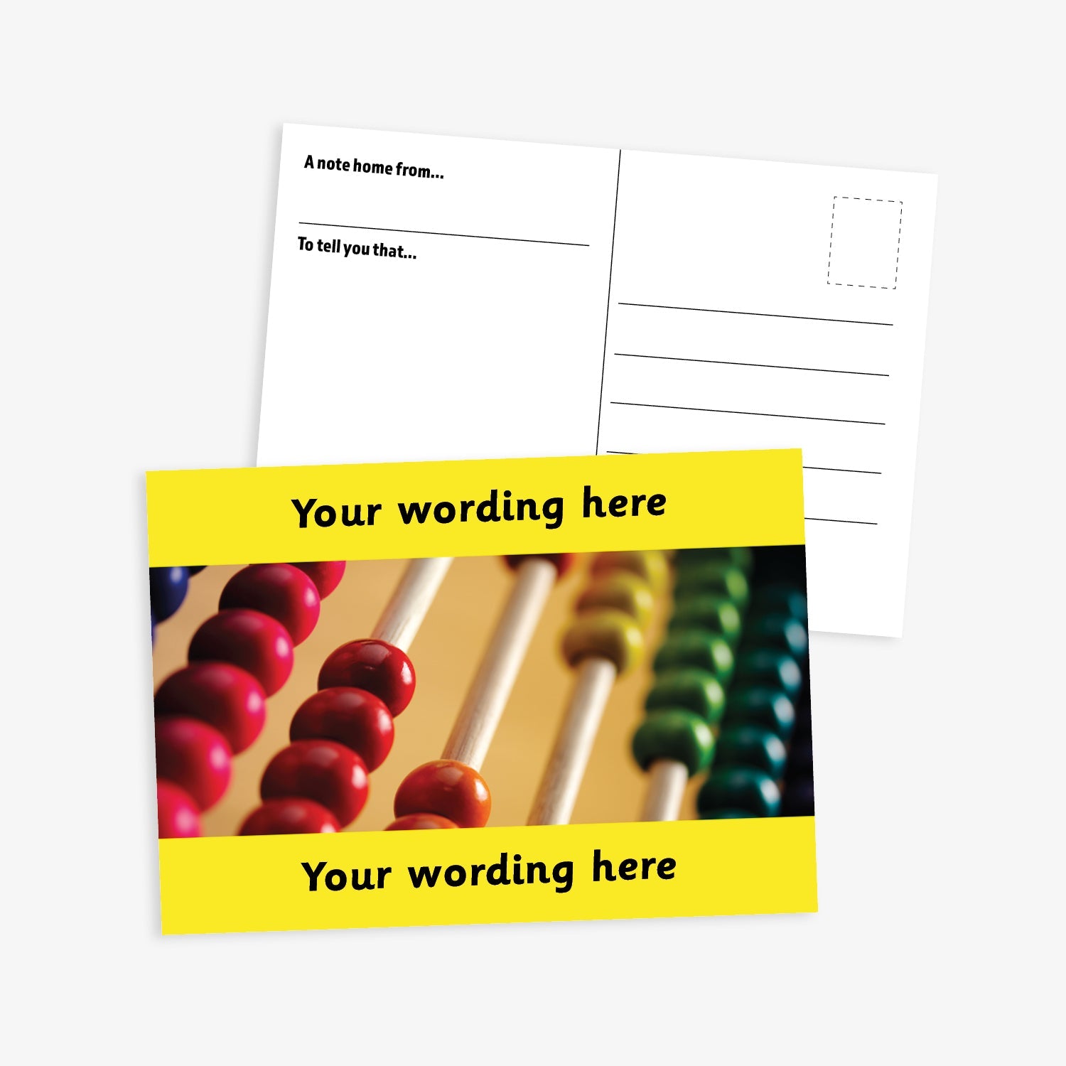 A yellow A6-sized personalised postcard featuring a close-up image of a traditional wooden abacus. The design includes customisable text areas above and below the image, allowing for personalised messages. The reverse side is formatted with recipient detail and address.  Available in 9 colour options.​
