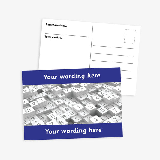 Personalised Numbers Postcard featuring a vibrant blue border at the top and bottom with space for customisation of text.  The central image is stacks of tiles of numbers.  The reverse has a postcard layout with space for a message and address. The postcard measures A6 size and is designed for rewarding numeracy achievement.