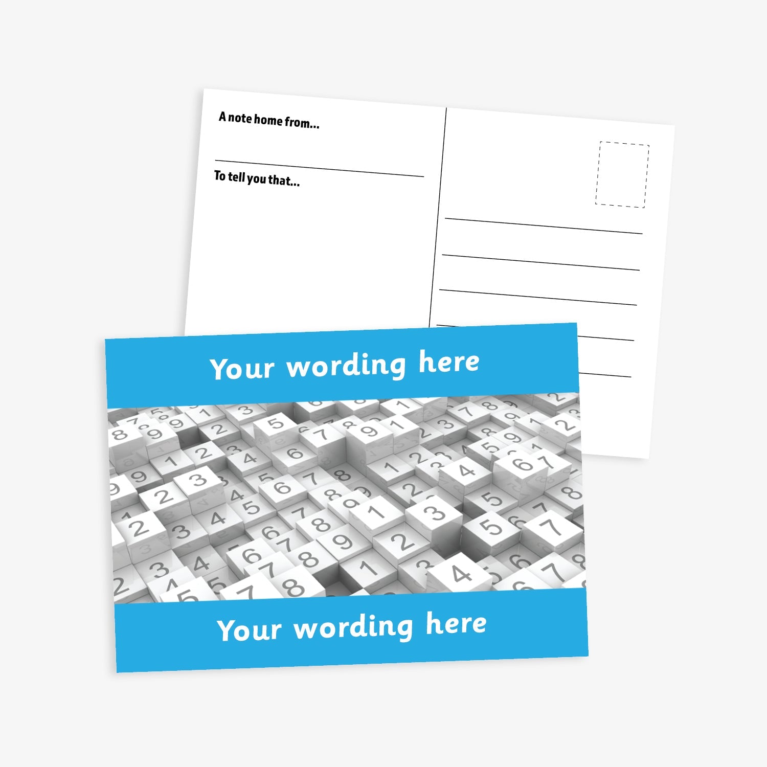 Personalised Numbers Postcard featuring a vibrant bright blue border at the top and bottom with space for customisation of text.  The central image is stacks of tiles of numbers.  The reverse has a postcard layout with space for a message and address. The postcard measures A6 size and is designed for rewarding numeracy achievement.
