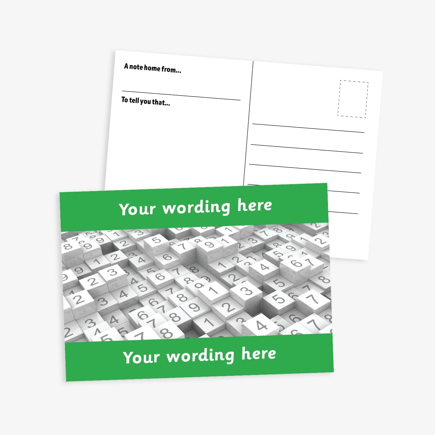 Personalised Numbers Postcard featuring a vibrant green border at the top and bottom with space for customisation of text.  The central image is stacks of tiles of numbers.  The reverse has a postcard layout with space for a message and address. The postcard measures A6 size and is designed for rewarding numeracy achievement.